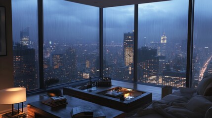 Cozy Indoor Setting With City Skyline View During Rain at Night