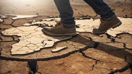 Close-up of person walking on cracked earth, symbolizing drought and climate change.