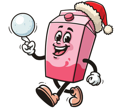recommend clip art: Milk Box character mascot cartoon is playing snowballs and wearing a Christmas hat