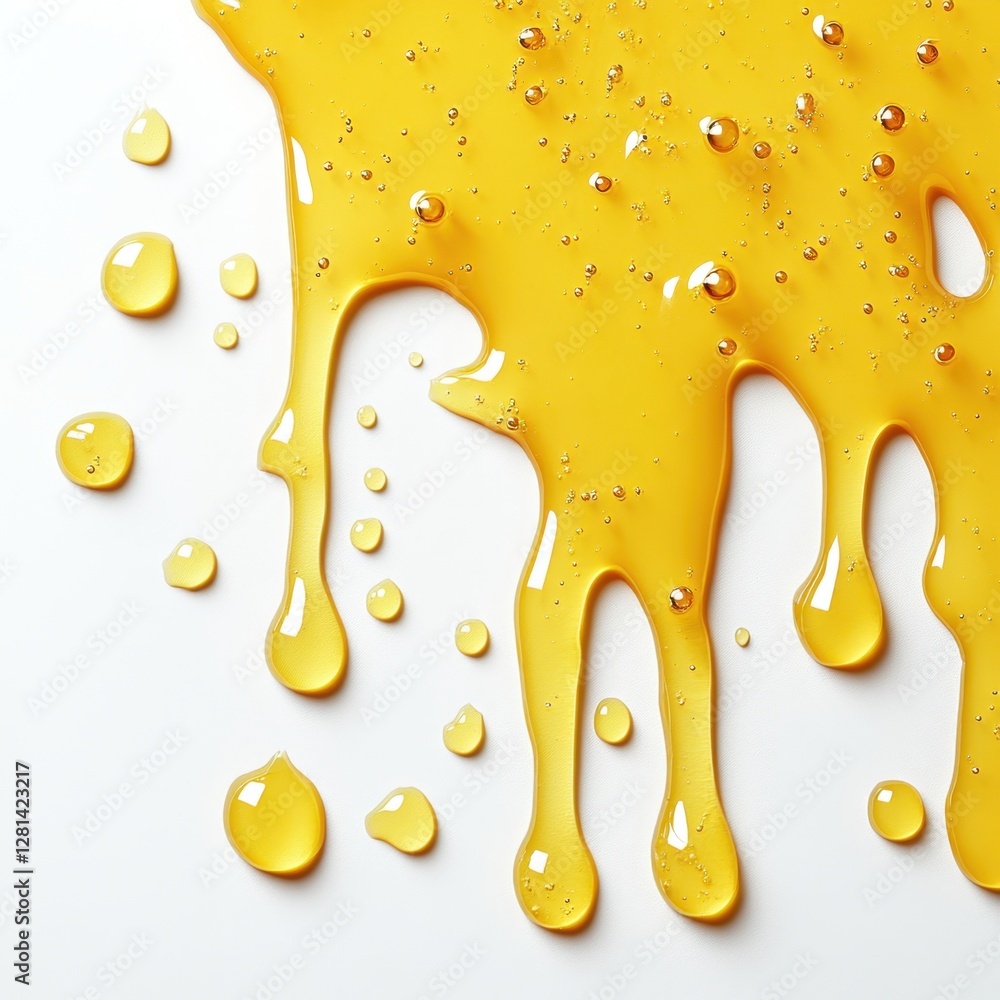 Poster golden honey dripping down on a white surface creating a sweet and visually appealing texture with b