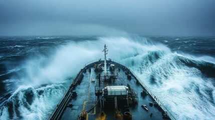 Strong Waves Crashing Against the Bow of a Ship Navigating Through a Stormy Ocean in Rough Weather