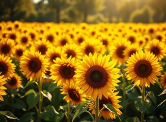 Fototapeta premium Vibrant Sunflower Field in Full Bloom, Close-Up View, Agricultural Landscape, Sunny Day