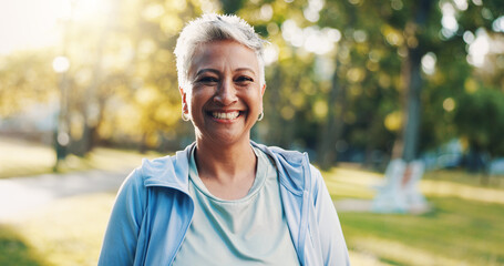Portrait, senior and woman for fitness outdoor of running exercise, training and morning routine. Smile, elderly person and runner with cardio workout, wellness practice and confidence for retirement