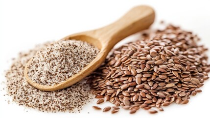 Ground Flaxseeds in Wooden Spoon on Isolated White Background