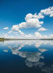 Tranquil Lake Reflection of Clouds and Sky Creating Serene Water Landscape View