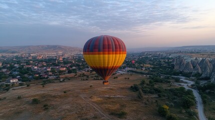 Obraz premium Hot Air Balloon Soaring Over Cappadocia Landscape