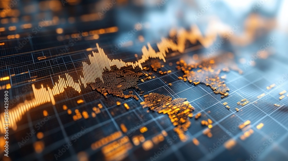 Poster abstract visualization of global financial trends with data charts and glowing elements