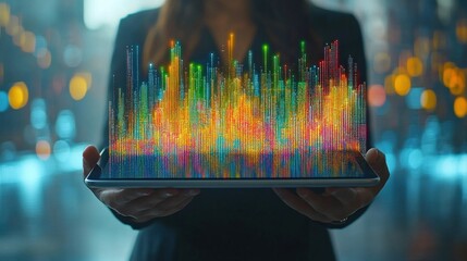 Businesswoman presenting vibrant data visualization on a tablet in a modern office environment