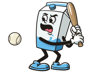 Milk Box character mascot cartoon playing baseball