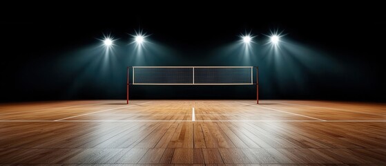 A volleyball court illuminated by bright lights, showcasing a net against a dark background.