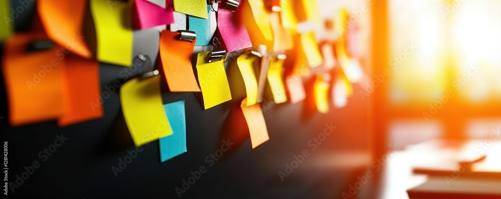 Poster a vibrant array of colorful sticky notes pinned on a wall, illuminated by warm sunlight, creating an