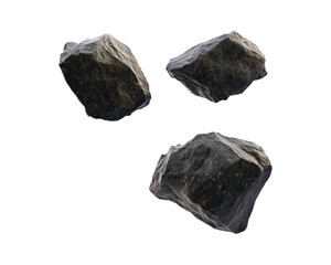 Obraz premium Three Rough Natural Black Stones Arranged in a Group Against a Transparent Background