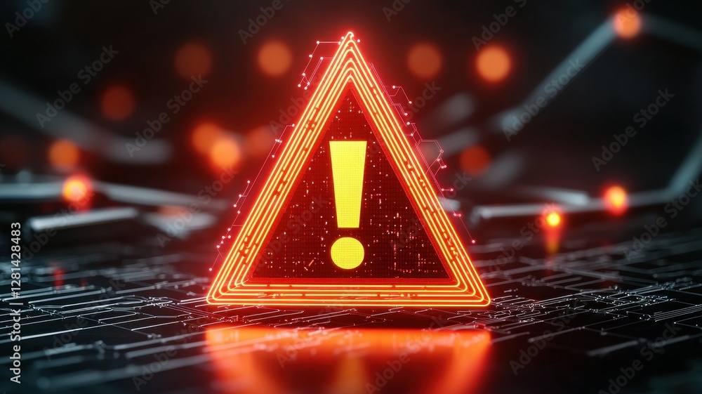 Poster warning sign in a digital style, featuring a red triangle with an exclamation mark against a dark ba