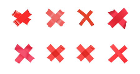 Realistic red cross adhesive tape, torn piece of cross masking tape isolated on a transparent PNG background, perfect for medical, emergency, or design projects.

