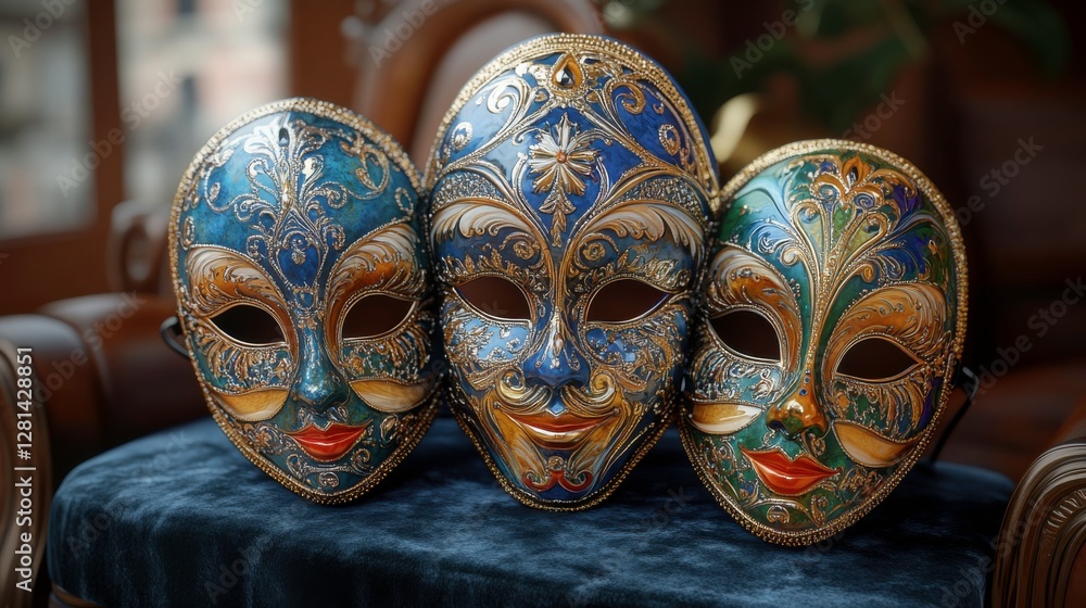 Aufkleber three intricately designed masks with vibrant colors and elaborate patterns sit side by side on a so