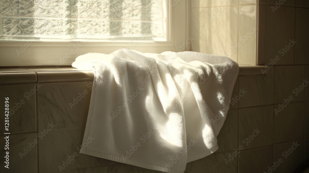 Poster sunlight streams through a window, illuminating a fresh white towel draped neatly on a bathroom ledg