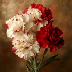 A beautiful red and cream carnation, displaying its delicate petals and vibrant contrast.
