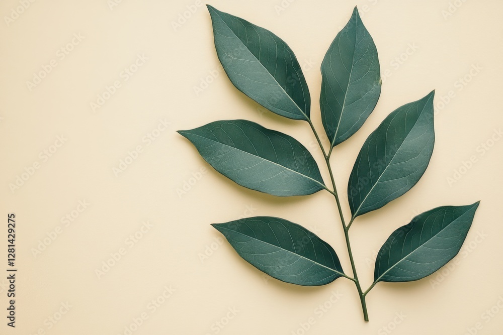 Poster Serene botanical composition featuring a sprig of fresh green leaves on a soft cream background creating a calming natural mood