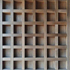 A close-up view of a wooden grid wall, showcasing its natural texture and geometric pattern.