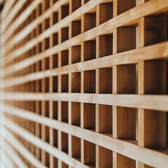 A close-up view of a wooden grid wall, showcasing its natural texture and geometric pattern.