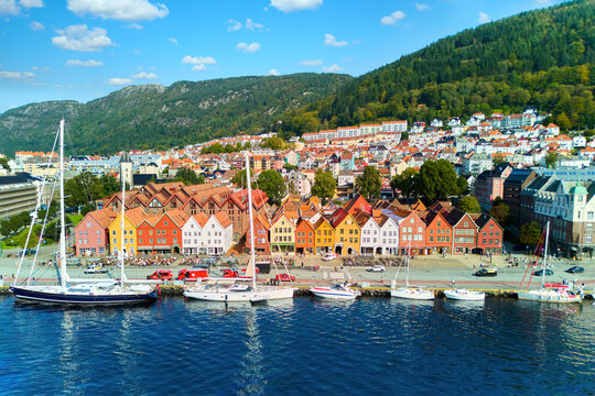 Aerial view of historical wooden district Bryggen in Bergen, Norway