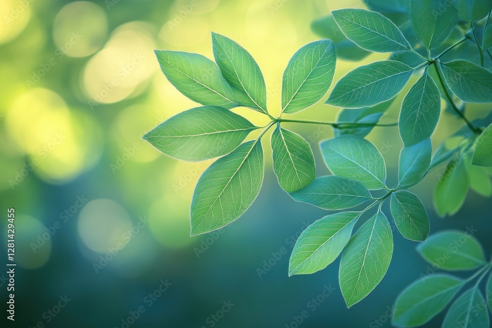 Poster serene foliage art with vibrant green leaves against a soft bokeh background creating a tranquil and