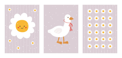 Cute posters for girl room, cute duck animals, trend flower, kids vector cartoon