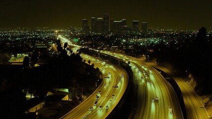 Nighttime Freeway Traffic Flows Towards City Skyline