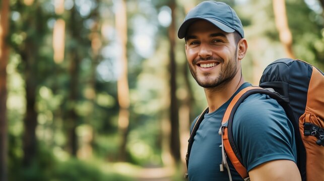 Smiling young man with a backpack hiking in the forest. Outdoor adventure, travel, and active lifestyle concept. Suitable for tourism, fitness, and nature exploration articles. 