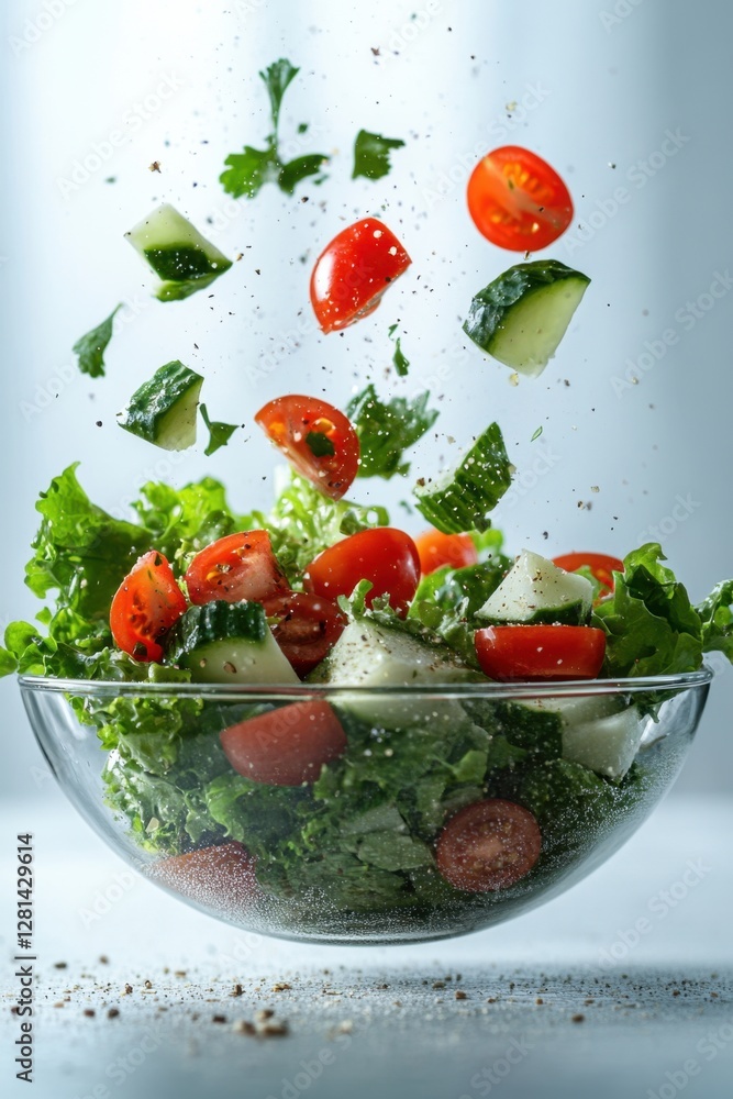 Poster fresh salad ingredients in dynamic motion creating a vibrant and healthy culinary presentation on a 