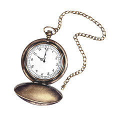 Pocket watch with a chain. Handmade watercolor illustration. A color image of a vintage accessory. Separate from the background. Perfect for posters, postcards and banners, flyers, packages and labels