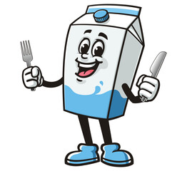 Milk Box character mascot cartoon holding a fork and knife