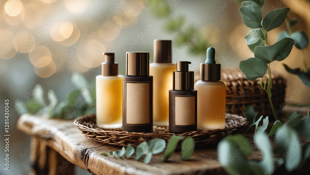 Poster natural skincare products displayed on a rustic wooden table with greenery in a softly lit setting