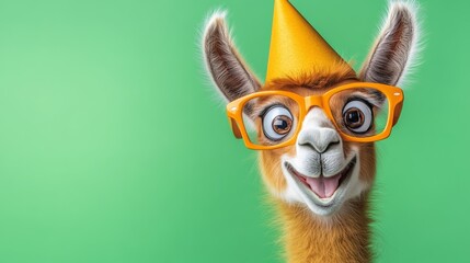 Obraz premium Cartoonish llama wearing glasses and a yellow party hat. The llama is smiling and he is happy