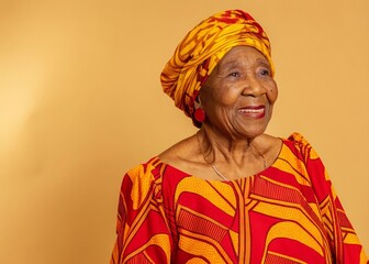 Obraz premium Celebrating life portrait of an elderly black woman in a colorful dress radiating joy in a studio setting