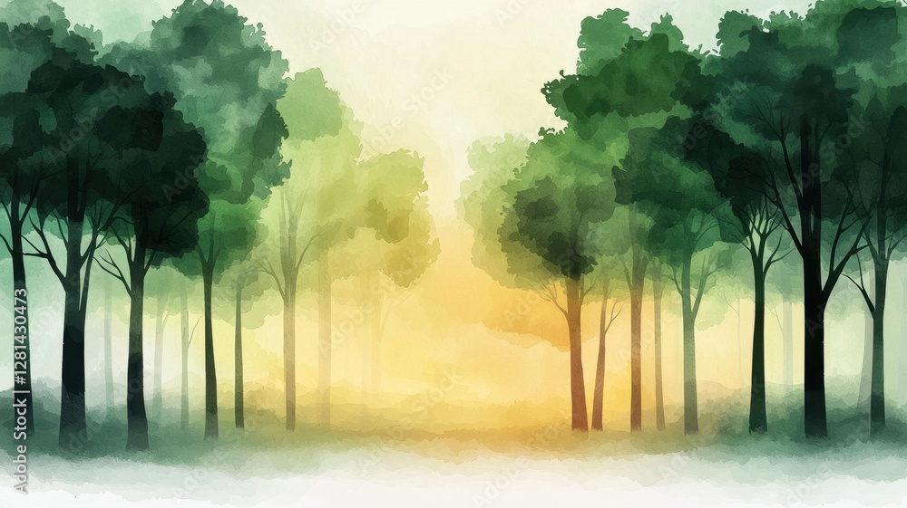 Poster serene forest landscape with mist and soft light filtering through trees.