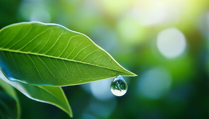 a close up of a green leaf with a single water droplet resting on its surface against a soft blurred background