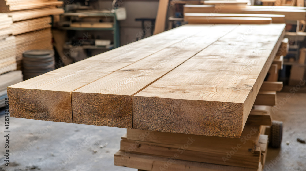 Poster laminated timber beams displaying intricate wood grain texture, closely arranged within woodworking 