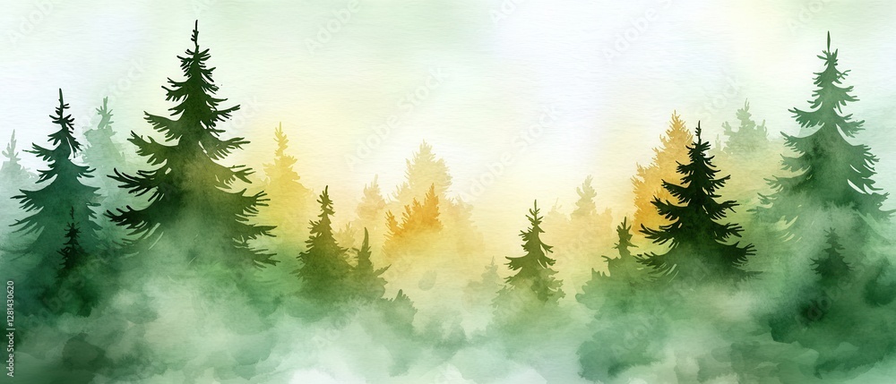 Poster serene forest landscape shrouded in mist with soft light filtering through trees.