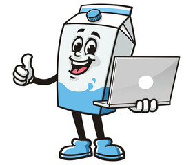 Cartoon mascot character Milk Box holding a Laptop