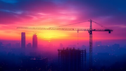 Construction Crane Towers Over City Skyline at Sunset, Showcasing a Vibrant Display of Colors in the Evening Sky