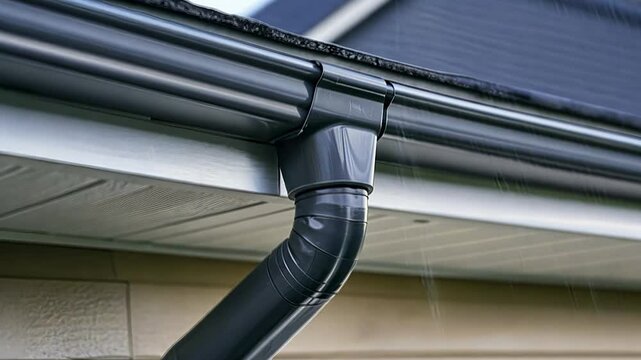 Rainwater flows down grey gutter on house