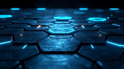 Obraz premium A blue and white image of a hexagonal pattern with a blue light shining on it
