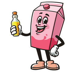 Milk Box character mascot cartoon holding a bottle of flavored extract