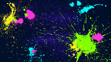 Dark grunge abstract background with splashes of neon paint.