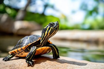 A close-up of a turtle basking on a rock near water, showcasing its vibrant shell and serene surroundings.