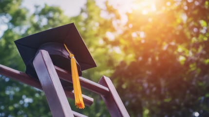 Graduation cap with golden yellow tassel lying on rustic wooden ladder, soft natural background highlighting academic milestone and aspirational journey