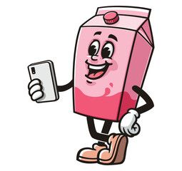 Milk Box character mascot cartoon holding a gadget