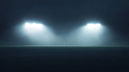 Fototapeta premium Powerful spotlights illuminate a foggy soccer field at night, creating a dramatic and atmospheric scene