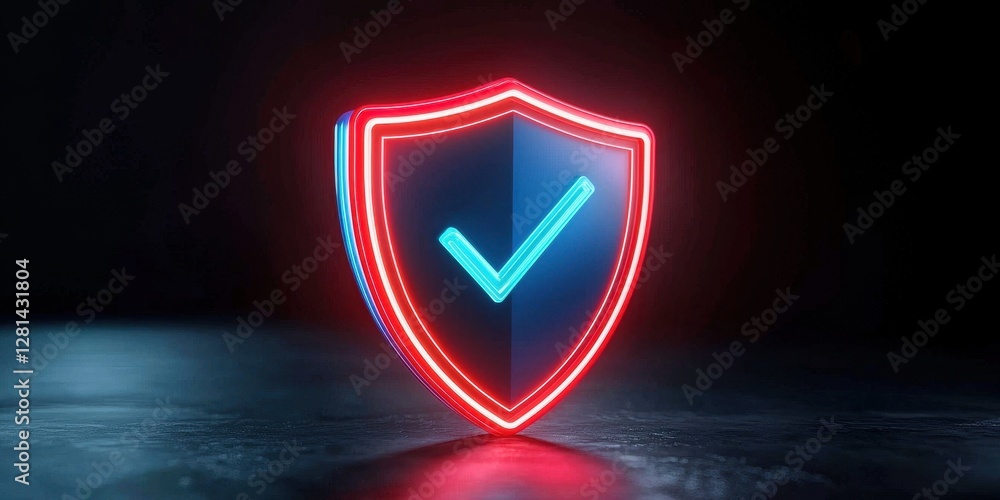 Poster neon shield icon with a check mark, symbolizing security and protection in a dark environment.